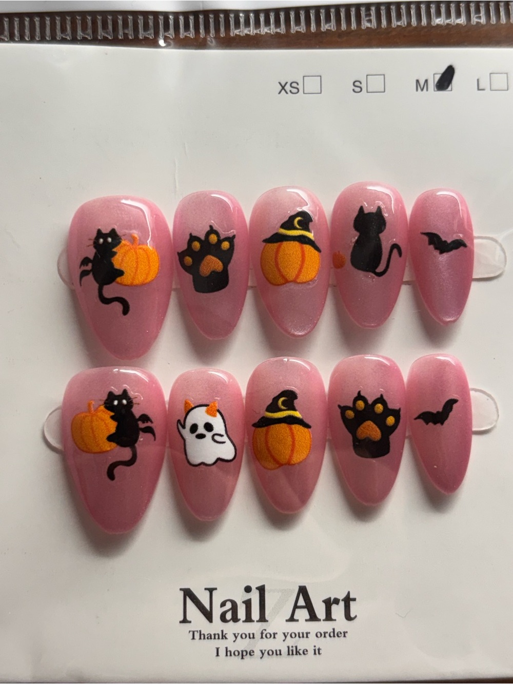 Pink Halloween Press-On Nails with Cats & Pumpkins